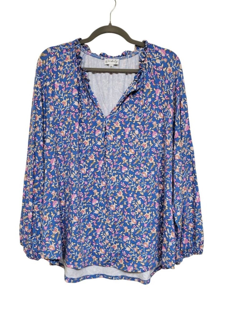 Wonderly Woman's Blue Ditsy Floral Long Sleeve Peasant Top Plus XXL